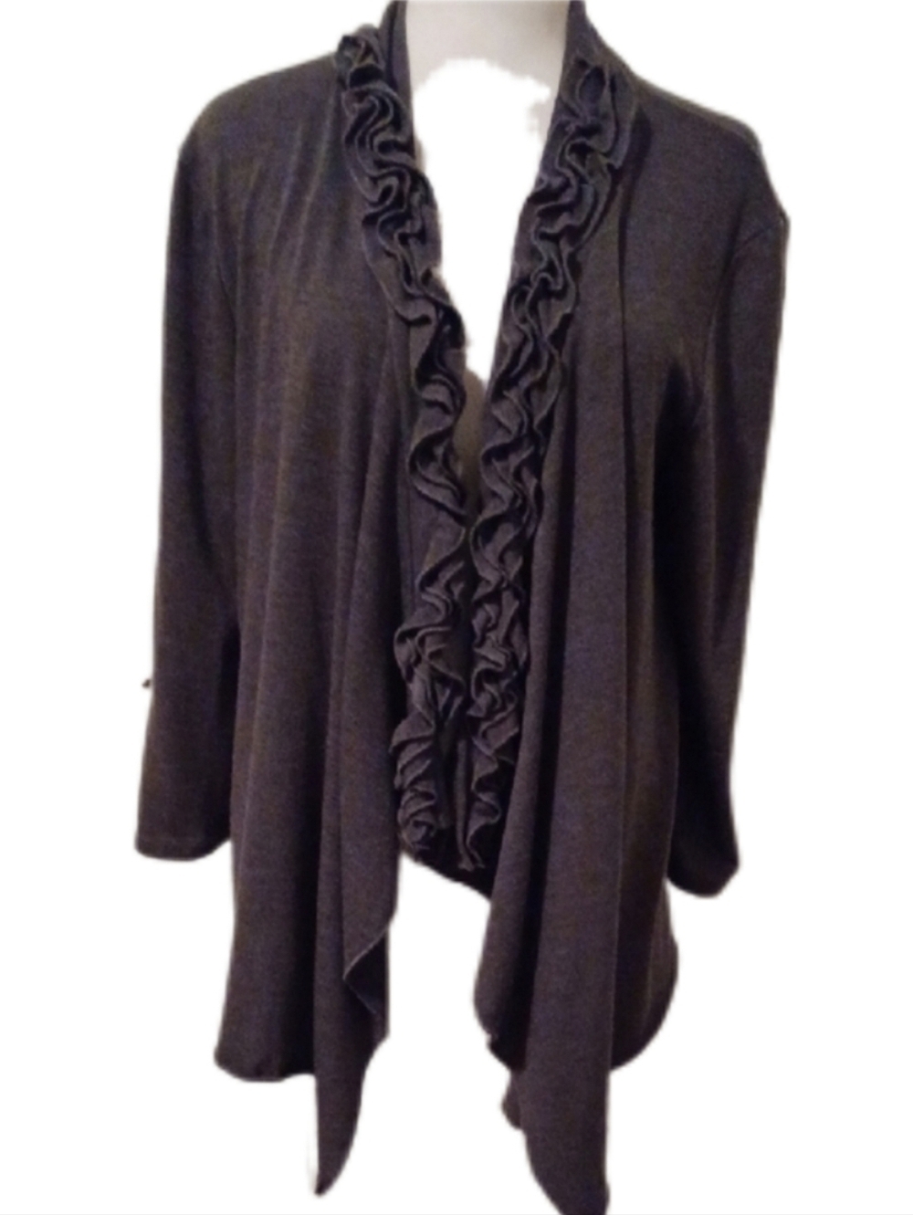<< Simply Irresistible Gray Ruffled Open-Front Cardigan Women's Size XLarge